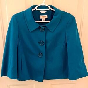 Talbots Teal Crop Jacket Button Print 3/4 Sleeves Women’s size 2